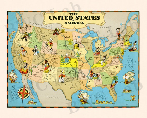 pictorial map of united states colorful fun illustration of