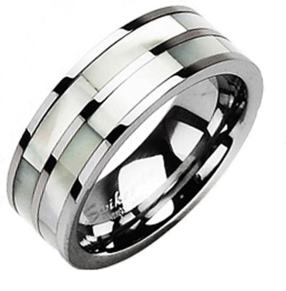 Items similar to Tungsten Dual Mother of Pearl Stripe Men's Wedding ...