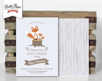 Woodland Baby Shower Invitation // Woodland Fox Invite // Baby Boy // Blue // Little Man // Baby Fox // Wood // Printable Digital BS01