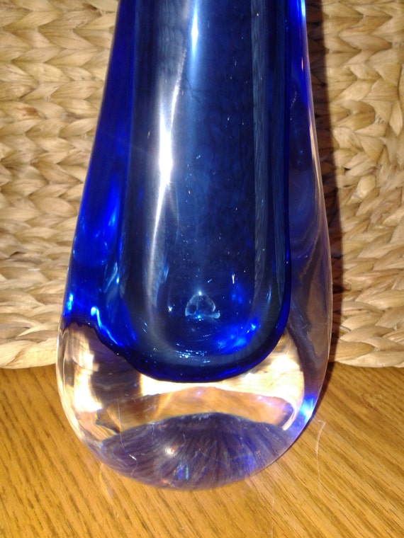 Vintage Blue And Clear Glass Vase Heavy