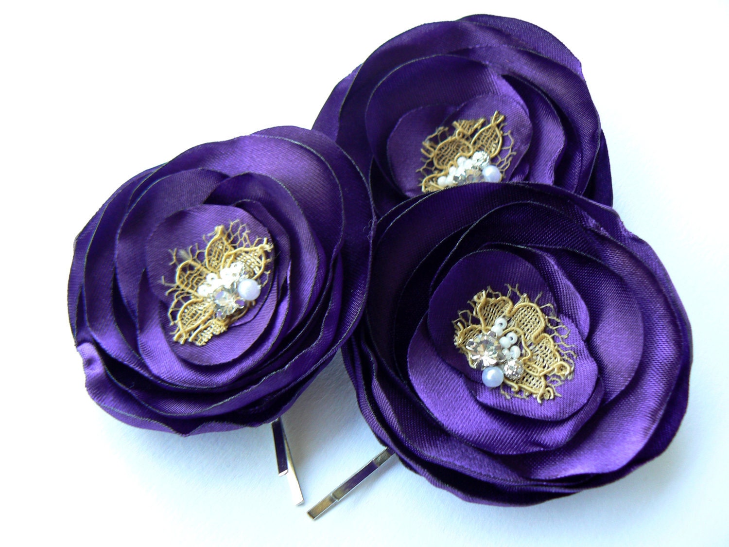 Purple wedding bridal flower hair clips 3 pcs bridesmaids