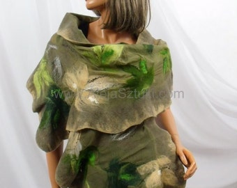 Hand made silk shawl on natural silk, silk scarves, silk scarf, Nuno felting, Nuno felted. Felted with australian merino wool. green khaki