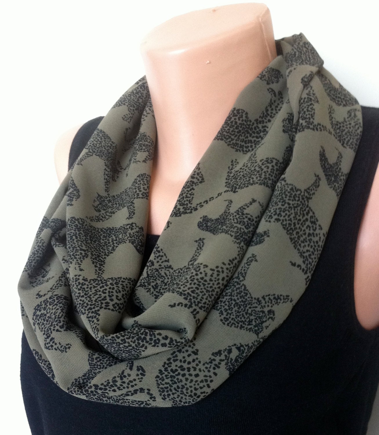 Dark Green Chiffon Loop Scarf Leopard Print Womens Scarf