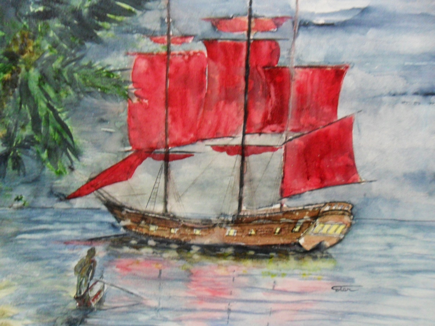 Pirate Ship painting original watercolor 16 by WaterBearerStudios