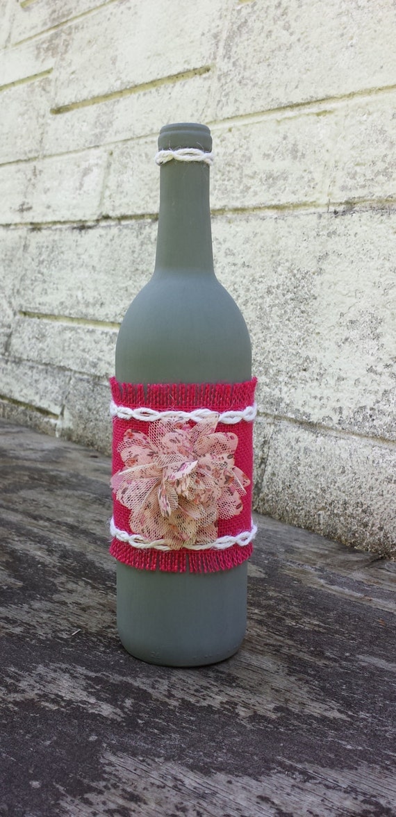 Items similar to Decorative wine bottle painted gray with pink ribbon and flower on Etsy