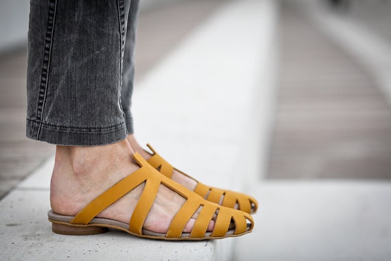 10% Sale, Alicia, Yellow Leather Sandals, Flat Summer Shoes, Pointy Shoes