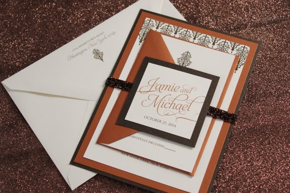 Autumn Opulence Wedding Invitation Suite - Glitter, Brown, Copper, Bronze, Ivory, Orange