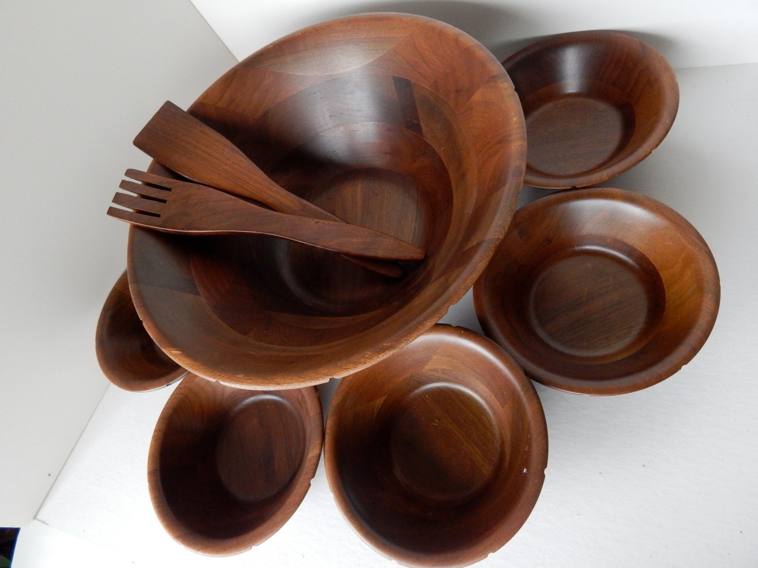 Vermillion Walnut Vintage Mid Century Modern Salad Bowl Set with Utensils and Individual Bowls