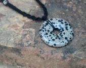 Large Circle Dalmatian Jasper Pendant with Matching Accent Gemstones on Black Hemp Necklace... FREE Shipping in USA