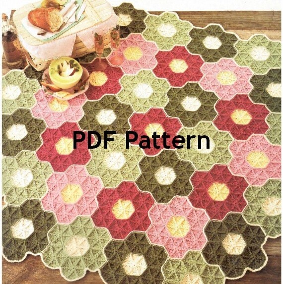 Vintage Granny Square Hexagon Flower Garden Afghan Crochet