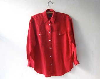 sheer red button up shirt