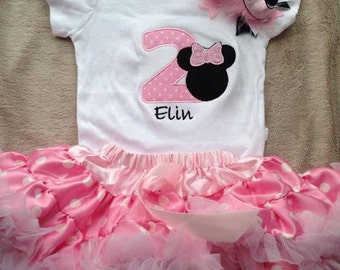 Pink and black minnie mouse birthday outfit - 1st 2nd birthday shirt petti skirt and headband - custom birthday shirt