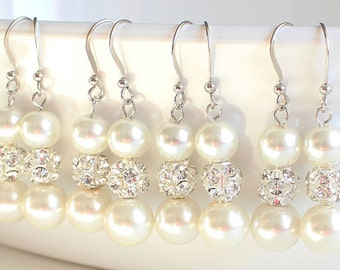 Set of 4 bridesmaid earrings, pearl earrings, wedding gift, bridesmaid gift, bridal jewelry, wedding jewelry, pearl and rhinestone