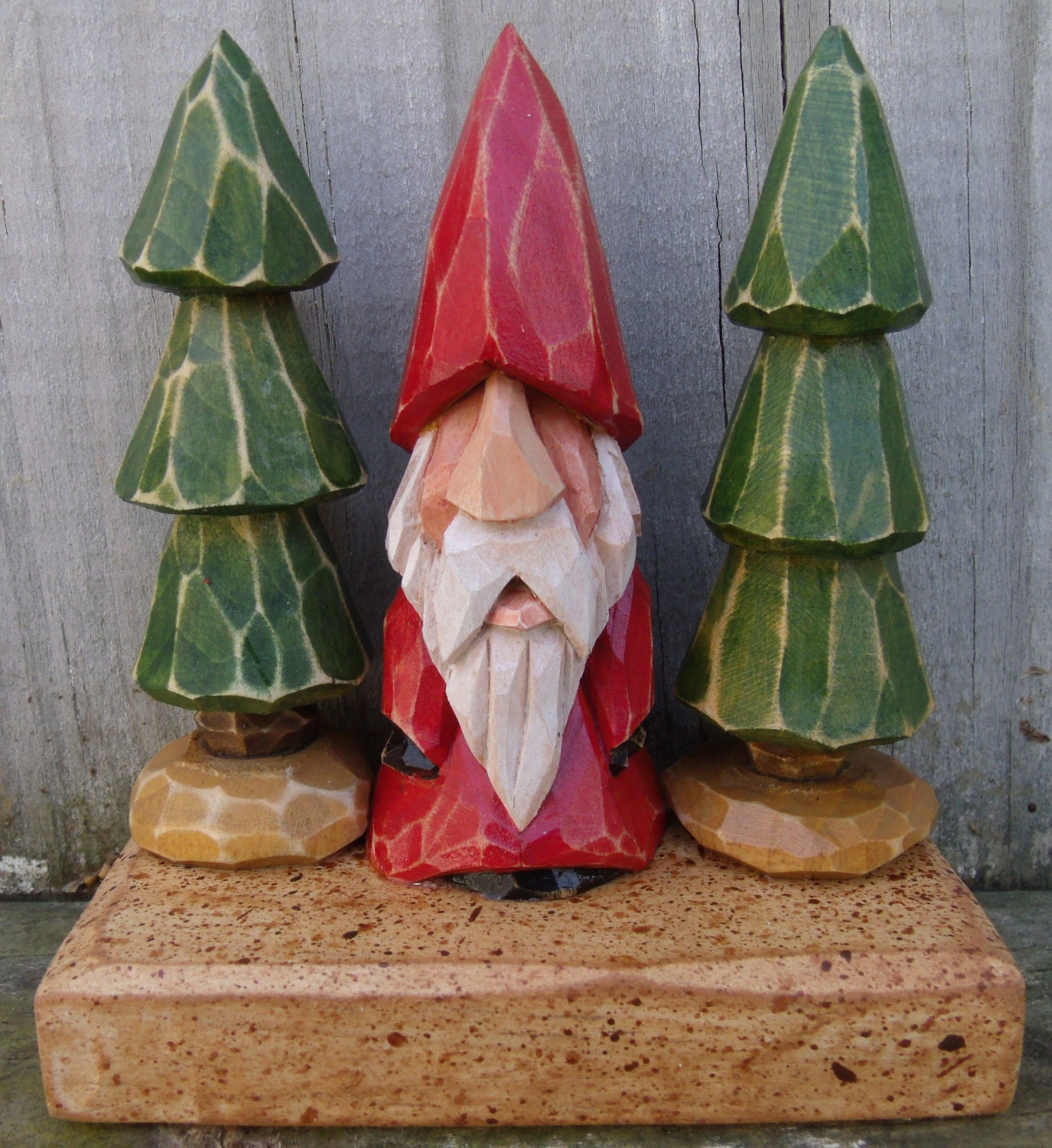 Hand Carved Christmas Gnome with carved trees