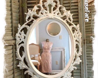 Large Oval Wall Mirror, Baroque Mirror, Ivory Shabby Chic Mirror, Ornate Mirror, Bathroom Mirror, Nursery Mirror, Ivory and Gold Mirror
