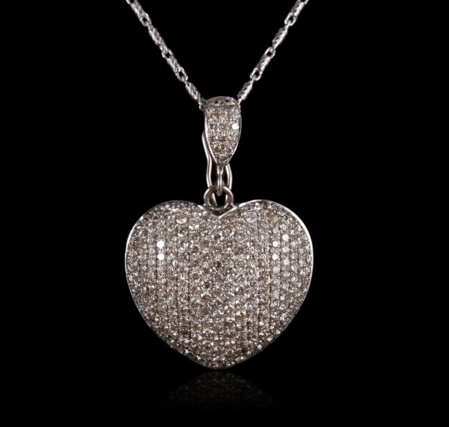 Stunning Pave Diamond Heart Necklace in 18K White Gold