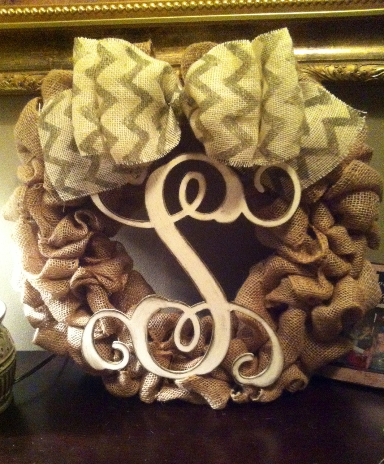 Burlap wreath with large vine font letter painted and faux finished, chevron print ribbon