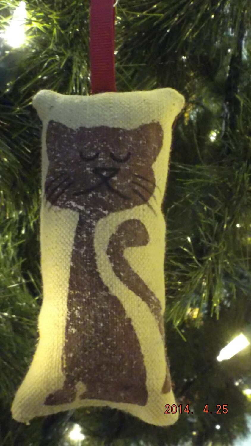 Primitive Burgundy Cat Stenciled Pillow Christmas Tree Ornament FREE SHIPPING!