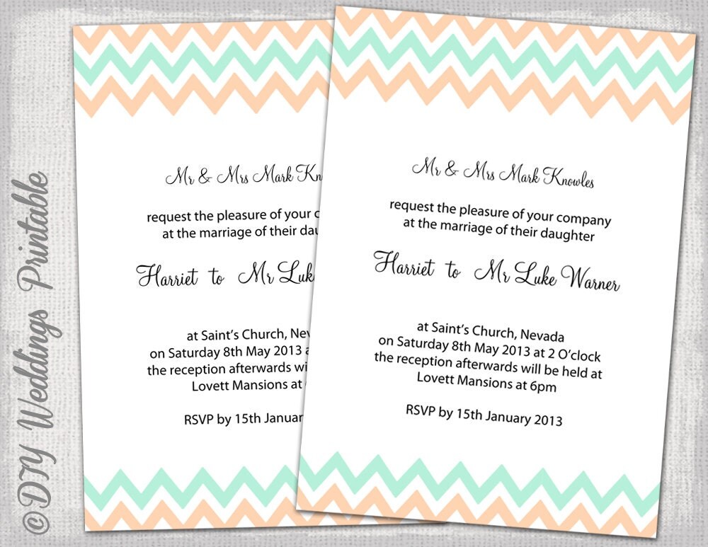 Wedding invitation template Mint and peach Chevron