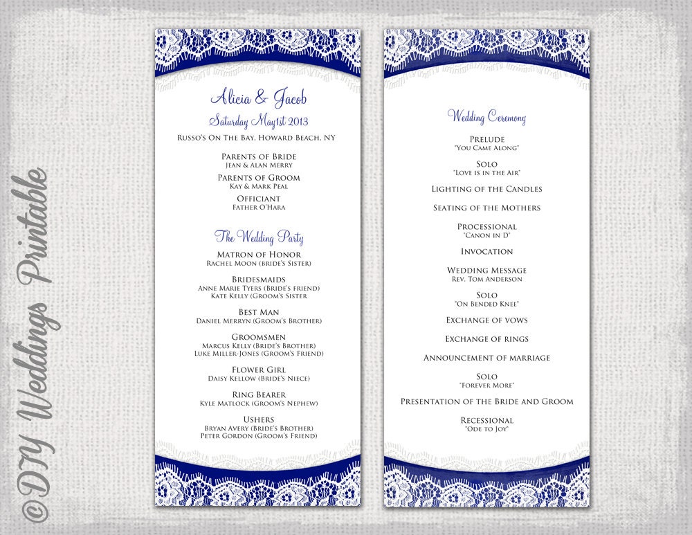 Wedding program template Navy Blue Lace DIY order