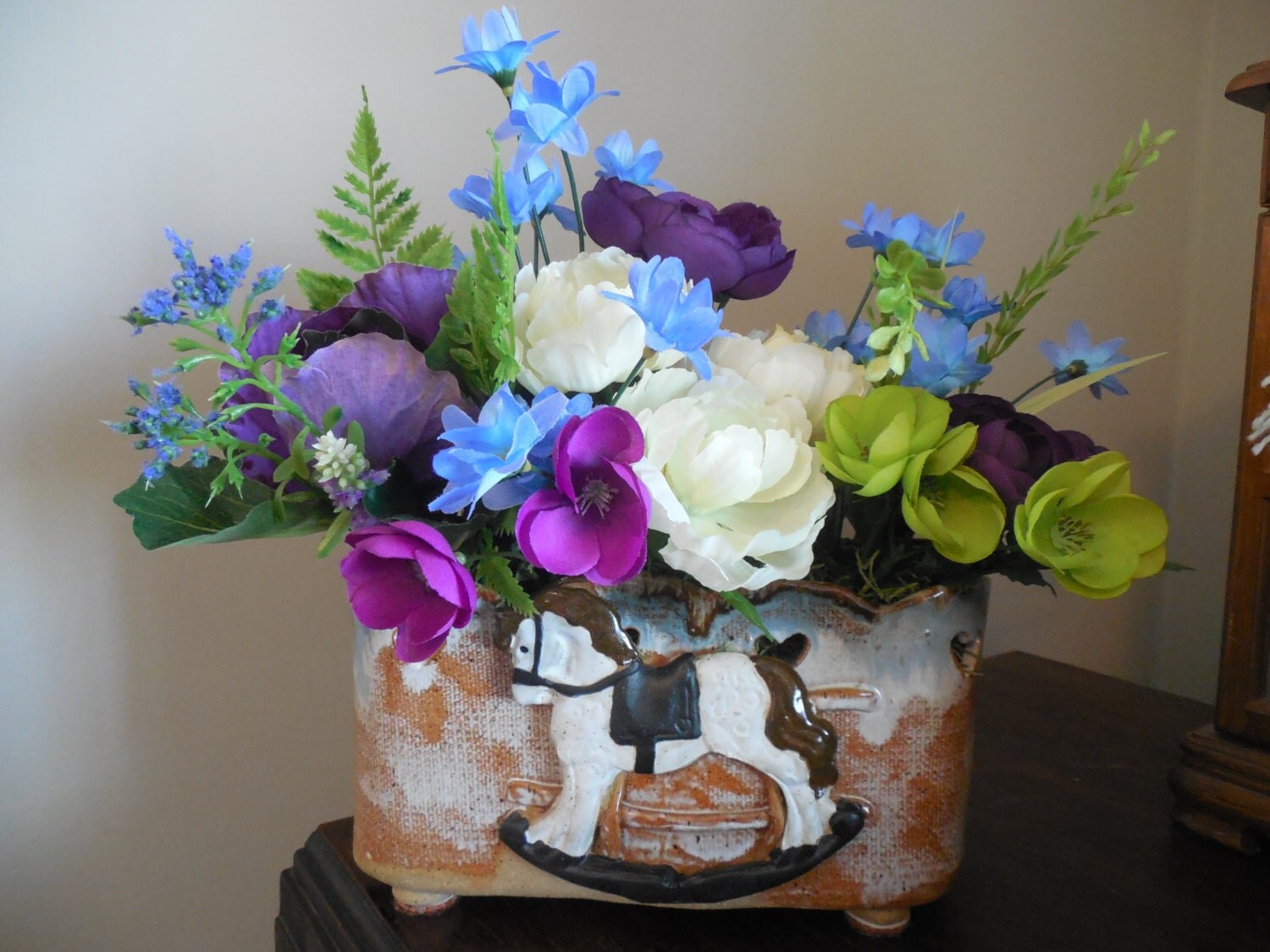 Silk Flower Arrangement Rocking Horse Ranunculus Cabbage