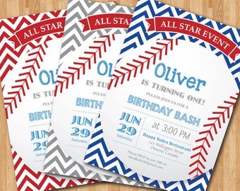 Baseball Birthday Invitation. First Birthday Baby Boy chevron invites. Gray, Blue, Red, Any Color. All Star Event. DIY digital printable