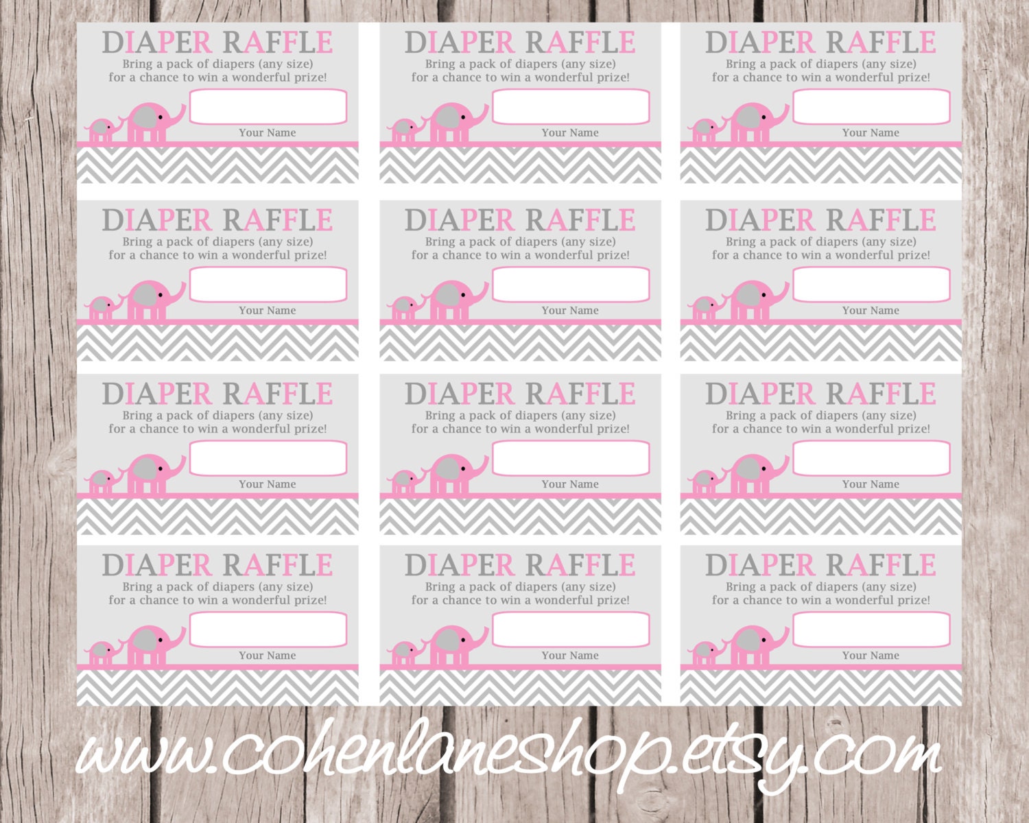 instant download pink elephant diaper raffle tickets chevron