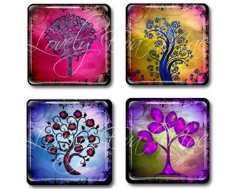 Set of 4, Colorful & Curly Tree Magnets, Glass Tile Magnets, Glass Magnets, Refrigerator Magnets, Fridge Magnets