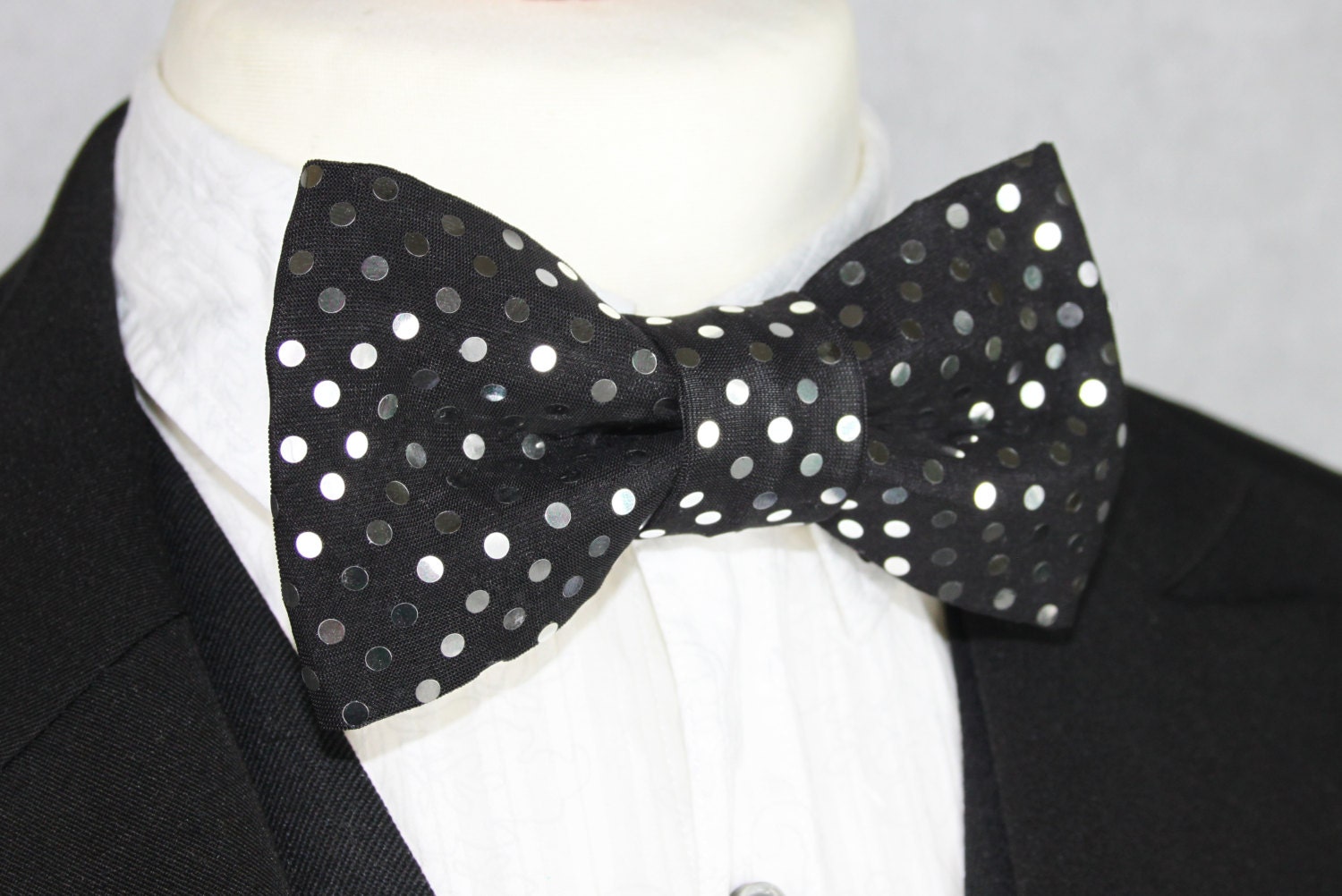 Silver High Shine Sequin Bow Tie