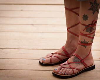 Red Leather Sandals, Red Gladiator Sandals, Greek Sandals, Red Sandals, Summer Shoes , Free Shipping