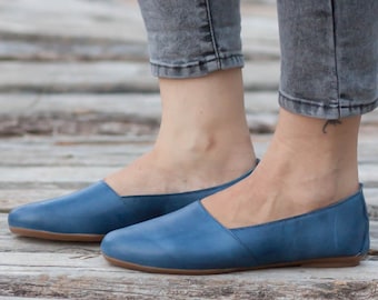 Blue Leather Shoes, Blue Shoes, Loafers, Flat Shoes, Blue Slip Ons , Free Shipping