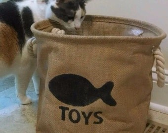 Cat Toy Organization Burlap Bin / B asket / Box with Hand Painted Fish 