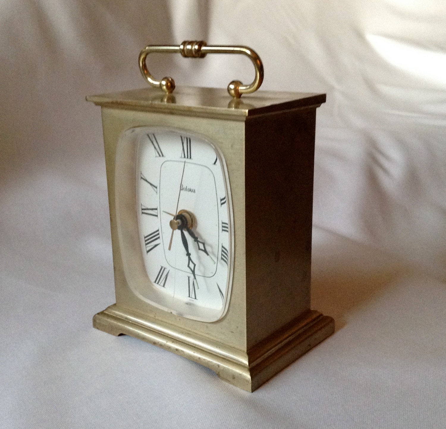 Vintage Bulova Roman Numeral Alarm Clock Gold Tone.