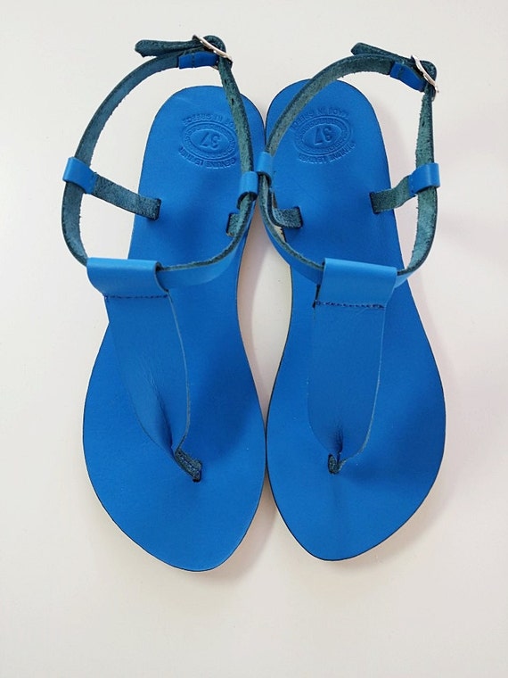 Blue Leather Thong Sandal Greek Leather Sandals by Leatherhood