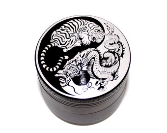 Tiger vs Dragon Yin Yang Design Laser Etched Metal Herb Grinder - 4 piece herb grinder w/ FREE microfiber pouch - weed grinder