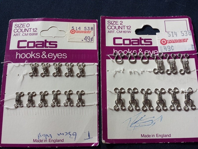 Coats Hooks and Eyes size 0 and size 2 two packets vintage sewing and craft supplies Made in