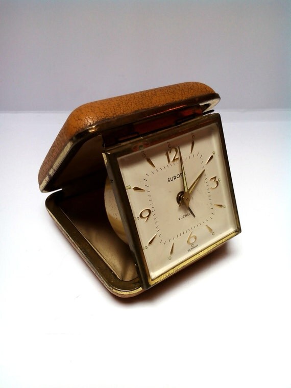 Vintage German Europa travel alarm clock leather case travel