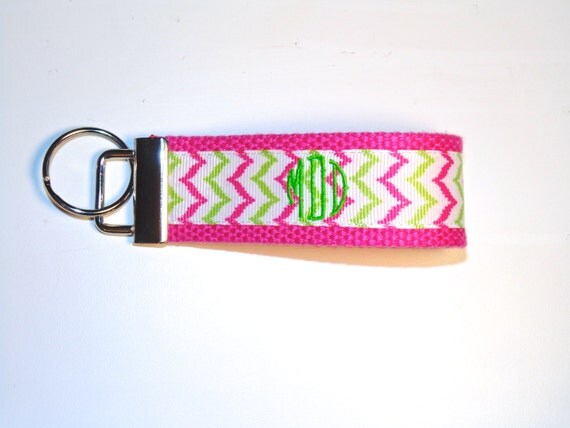 Personalized Embroidered Monogram Key Fob in Hot Pink and Lime Green