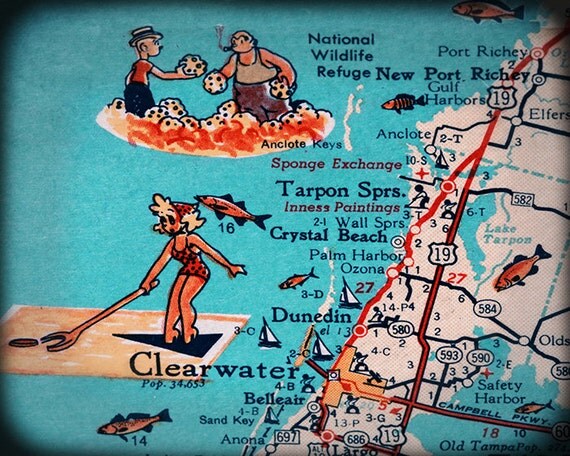 Fine art Map print Tarpon Springs Clearwater beach retro