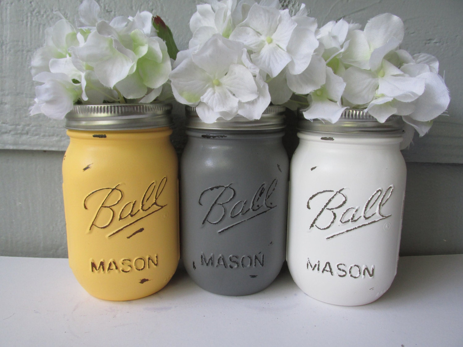 Painted and Distressed Ball Mason Jars Yellow Gray and