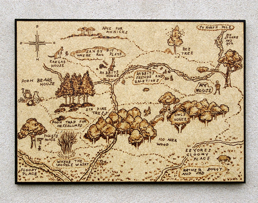 Winnie the Pooh inspired hundred acre wood map pyrography art