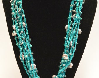 Turquoise and Silver Crocheted beaded necklace