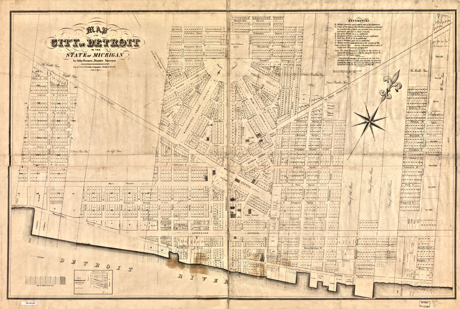 Rare restored Map of Detroit by John Farmer 1835 Archival