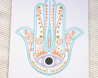 Card Hamsa Hand, turquoise, print illustrations, authentic, middle ...