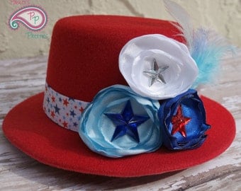 Red White and Blue Patriotic 4th of July with stars and Feathers Mini Top Hat Cute Photography Prop