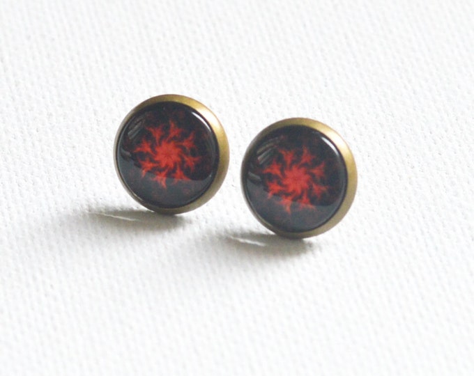 ABSTRACTION Stud Earrings metal brass depicting fashionable art, Vintage, Glamour, Style, Black and Red, Art,Galaxy