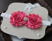 Shabby Chiffon Pink Flowers with Rhinestone Center on Gray Swirl Elastic-Baby Headband, Photo Prop, Baby Shower Gift, Child Headband
