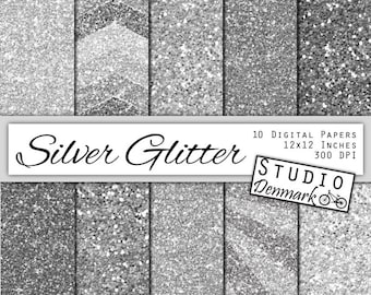 Silver Glitter Digital Paper - Sparkle Chunky Glitter Chevron - Platinum Metallic Shine - 10 Papers - 12in x 12in - Instant Download