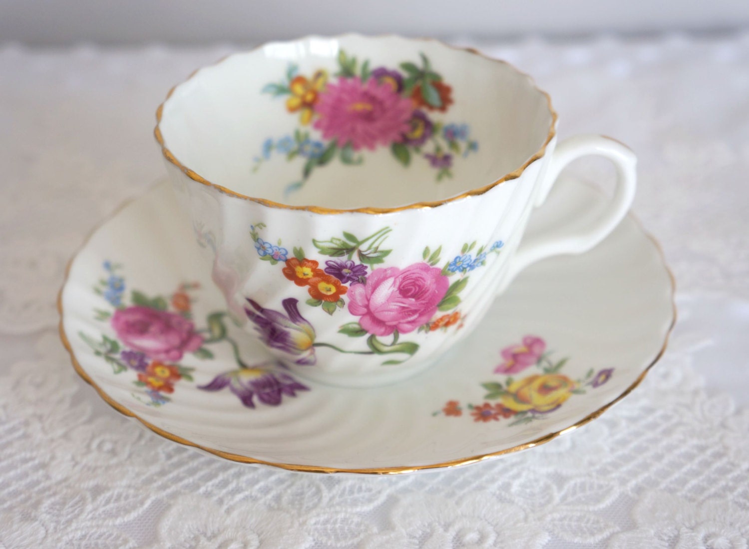 Aynsley England Bone China Cup and Saucer Swirl Floral