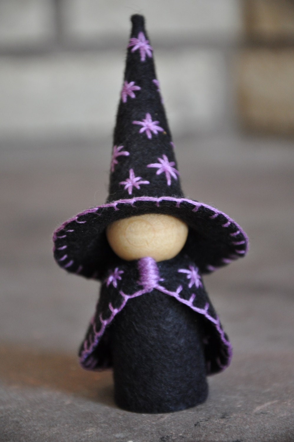 Small Wood and Wool Felt Witch Purple Trim A Waldorf and